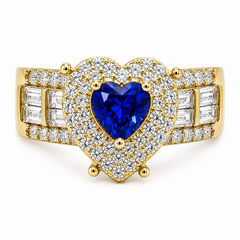 10KT Gold Heart Ring with Baguettes Blue Stone