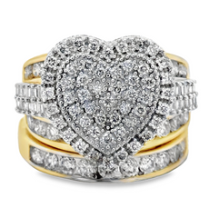 10K YELLOW GOLD ROUND DIAMOND HEART BRIDAL WEDDING RING SET 3.0 CTTW