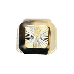10KT Gold Large Square Ring with San Judas and CZ. Engraveable Border