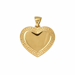 10KT Yellow Gold 15MM Heart Pendant with Greek Border FREE ENGRAVING