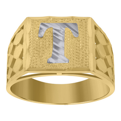 10kt Two-Tone Gold Mens Diamond-Cut Textured Initial Letter T Band Rin