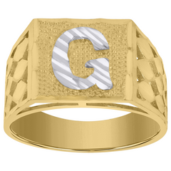 10kt Two-Tone Gold Mens Diamond-Cut Textured Initial Letter G Band Rin