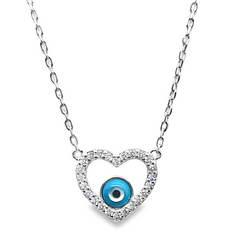 925 Sterling Silver Womens Cubic-Zirconia Heart Evil Eye Necklace