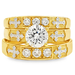10KT Gold His and Hers Wedding Trio Set with Cross Design