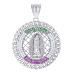 925 Sterling Silver Red/Green White Cubic-Zirconia Virgin Mary Virgen