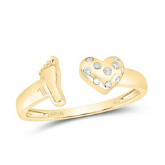 10k Yellow Gold Round Diamond Mom Heart and Foot Ring 1/20 Cttw