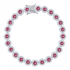 925 Sterling Silver Womens Red & White Cubic Zirconia Fancy Tennis Flower Bracelet Size 8 Inches
