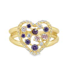10KT Gold Heart Ring with Purple and Light Pink Stones