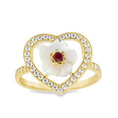 10KT Yellow Gold Ring with Carved Rose with Red Stone Ring