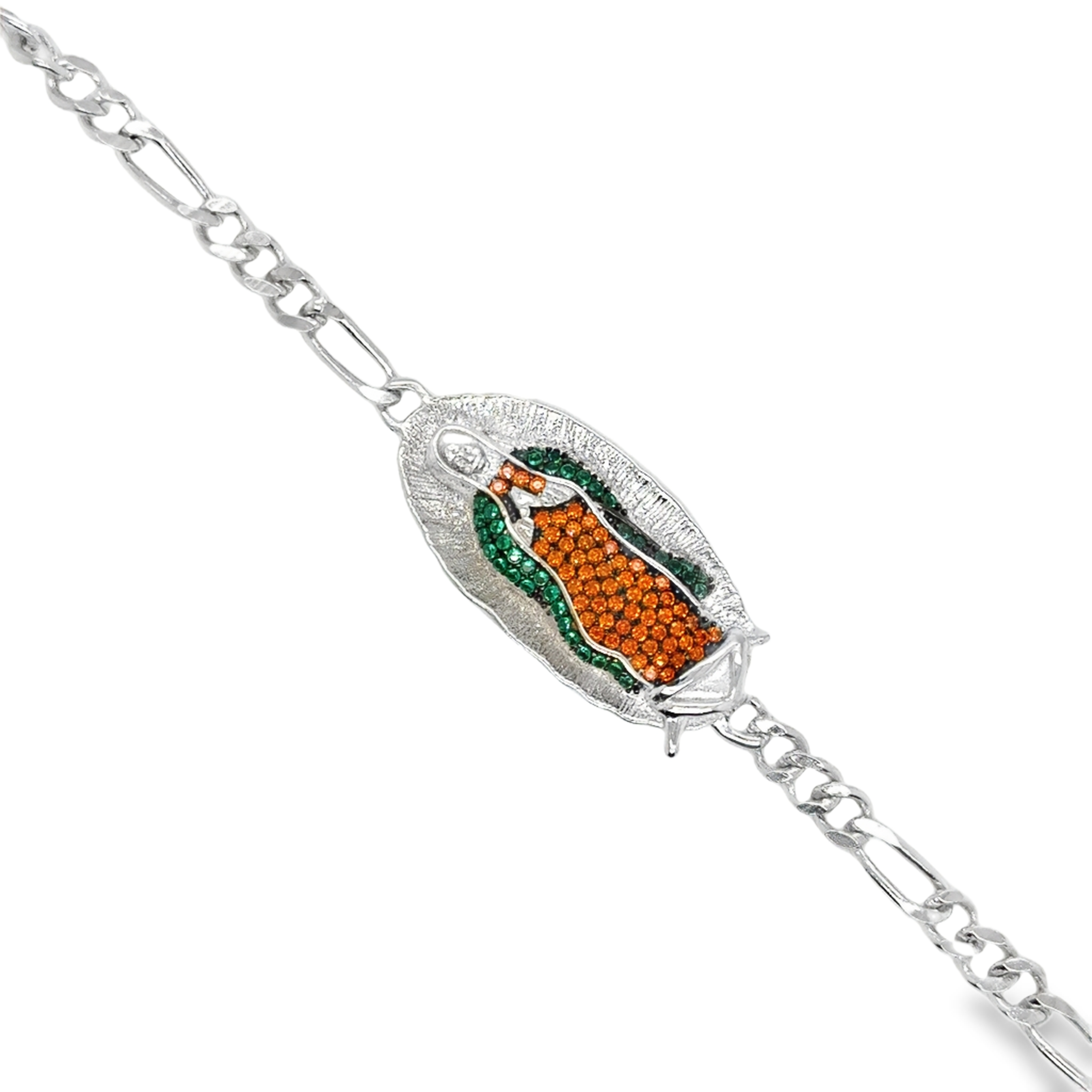 Sterling Silver Virgin Mary Virgen de Guadalupe Bracelet with Cubic Zirconias 7 Inches