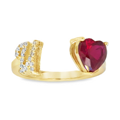 10KT Gold Adjustable Red Heart Initial Ring Letter U