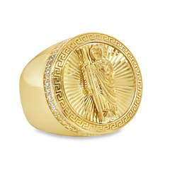 10KT Gold Round San Judas Ring with Greek Border and CZ on Sides