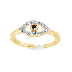 10k Yellow Gold Princess Blue Gemstone and Round Diamond Evil Eye Fash