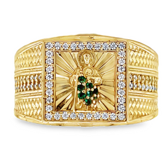10KT Gold St. Jude San Judas Ring with Green Stones