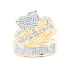 10K YELLOW GOLD ROUND DIAMOND HEART MATCHING WEDDING RING SET 1/2 CTTW