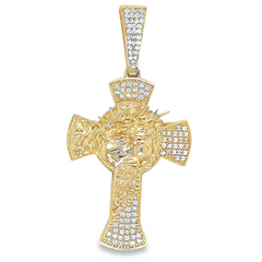 14KT Gold Jesus with Thorns Cross Pendant with CZ 2.25 IN