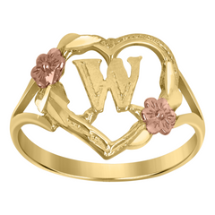 10Kt Two-Tone Gold Womens Dc Textured Initial Letter W Heart Band Ring