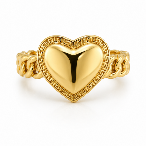 10KT Gold Chino Link Heart Ring with Greek Border – JDG Jewelers