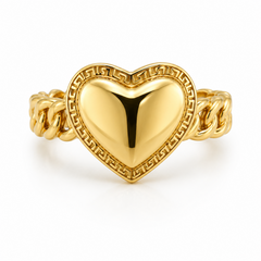 10KT Gold Chino Link Heart Ring with Greek Border