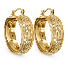 10KT Gold 8MM Chunky Greek Pattern Earrings 25MM Diameter