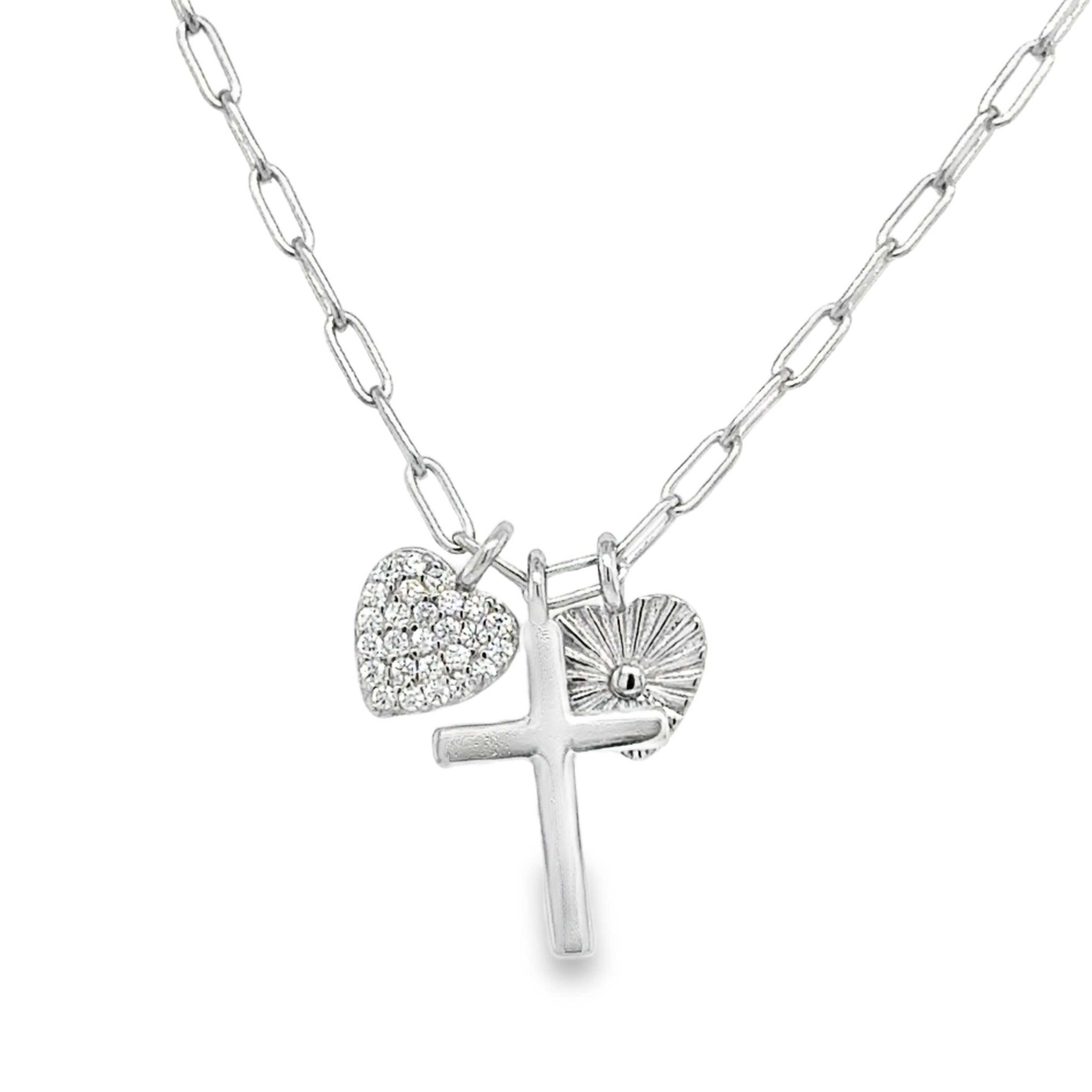 Sterling Silver Small Paperclip Necklace with Hearts and Cross