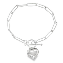 Sterling Silver Paperclip Bracelet with Hanging Puff Heart 7 Inches