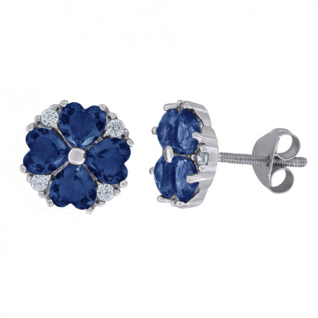 925 Sterling Silver Royal Blue Cubic Zirconia Heart Flower Motif Stud Earrings