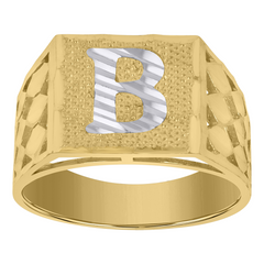 10kt Two-Tone Gold Mens Diamond-Cut Textured Initial Letter B Band Rin