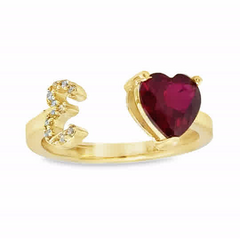10KT Gold Adjustable Red Heart Initial Ring Letter E