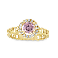 10KT Yellow Gold Womens Cuban Ring with Pink Stone and White Halo