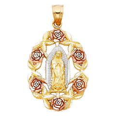 10KT Gold Virgin Mary Virgen de Guadalupe Pendant with Roses 1IN + Bai