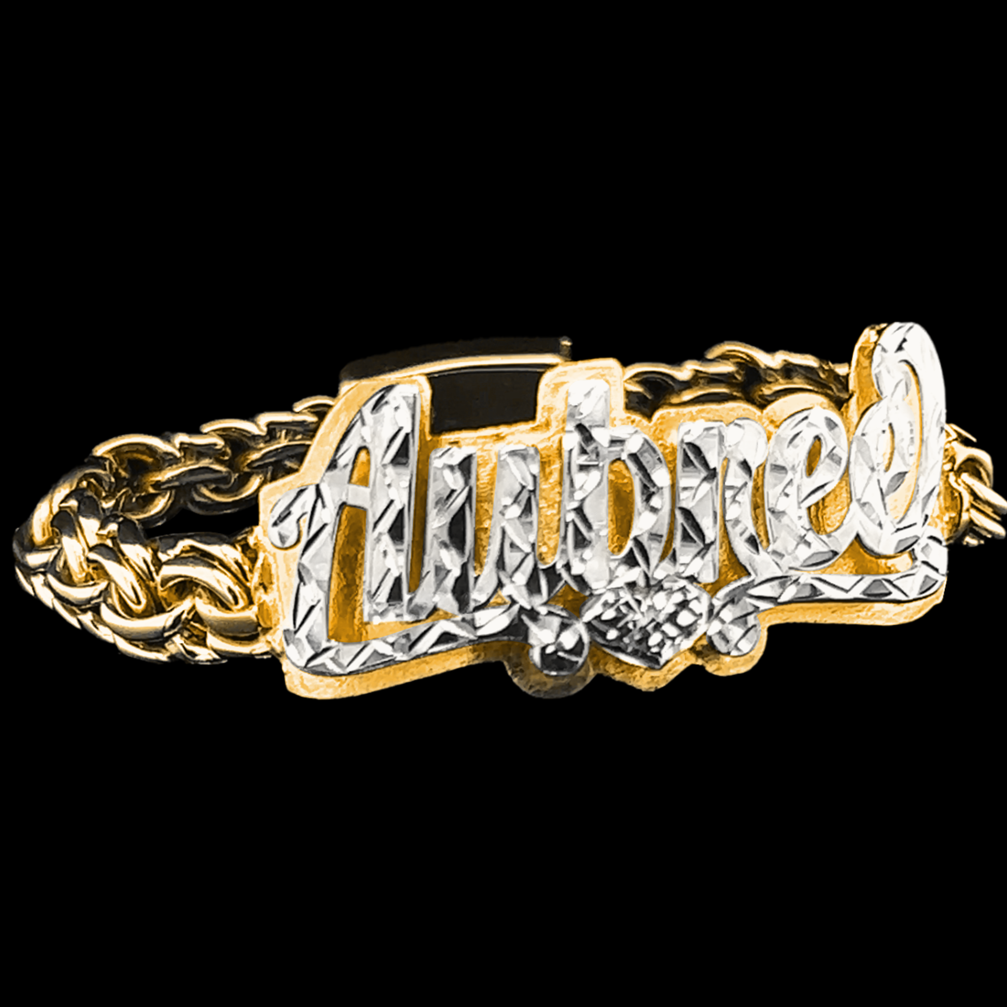10KT Gold Women Chino Link Bracelet with Cursive Name/Esclava para Mujer 10KT Tejido Chino con Nombre Cursiva
