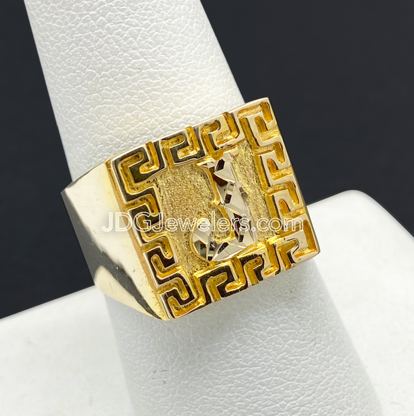 Anillo Inicial de Hombre 10KT Bicel Grecas Estilo Greek/Men's Initial Ring  with Greek Border in 10KT Gold