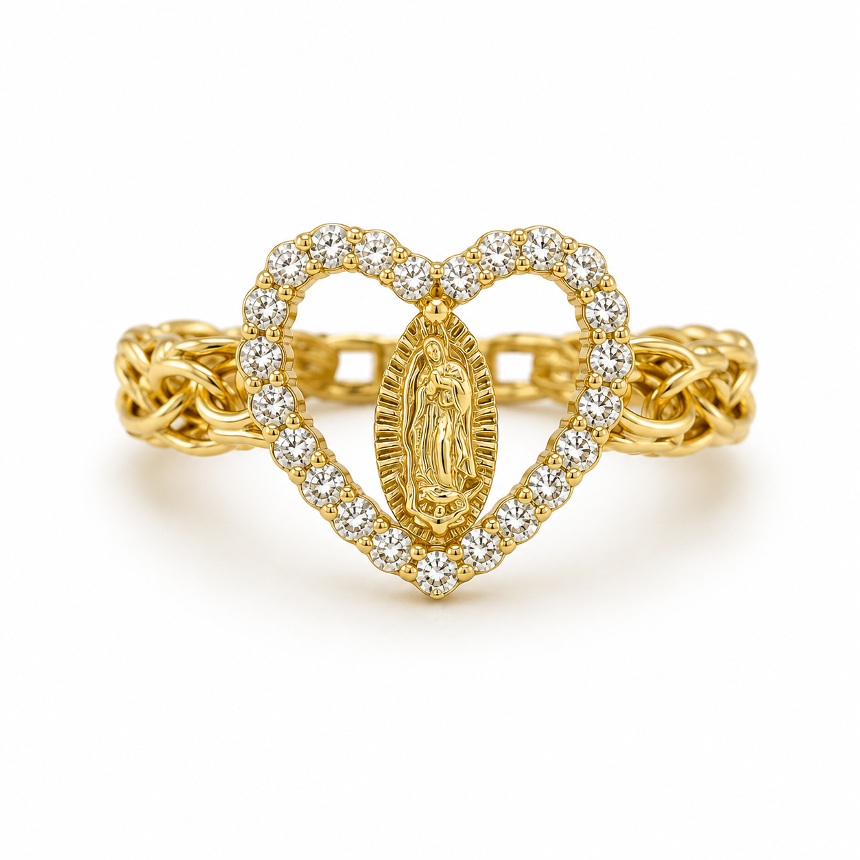 10KT Gold Chino Heart Ring with Virgen de Guadalupe Virgin Mary Ring