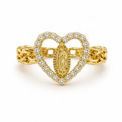 10KT Gold Chino Heart Ring with Virgen de Guadalupe Virgin Mary Ring