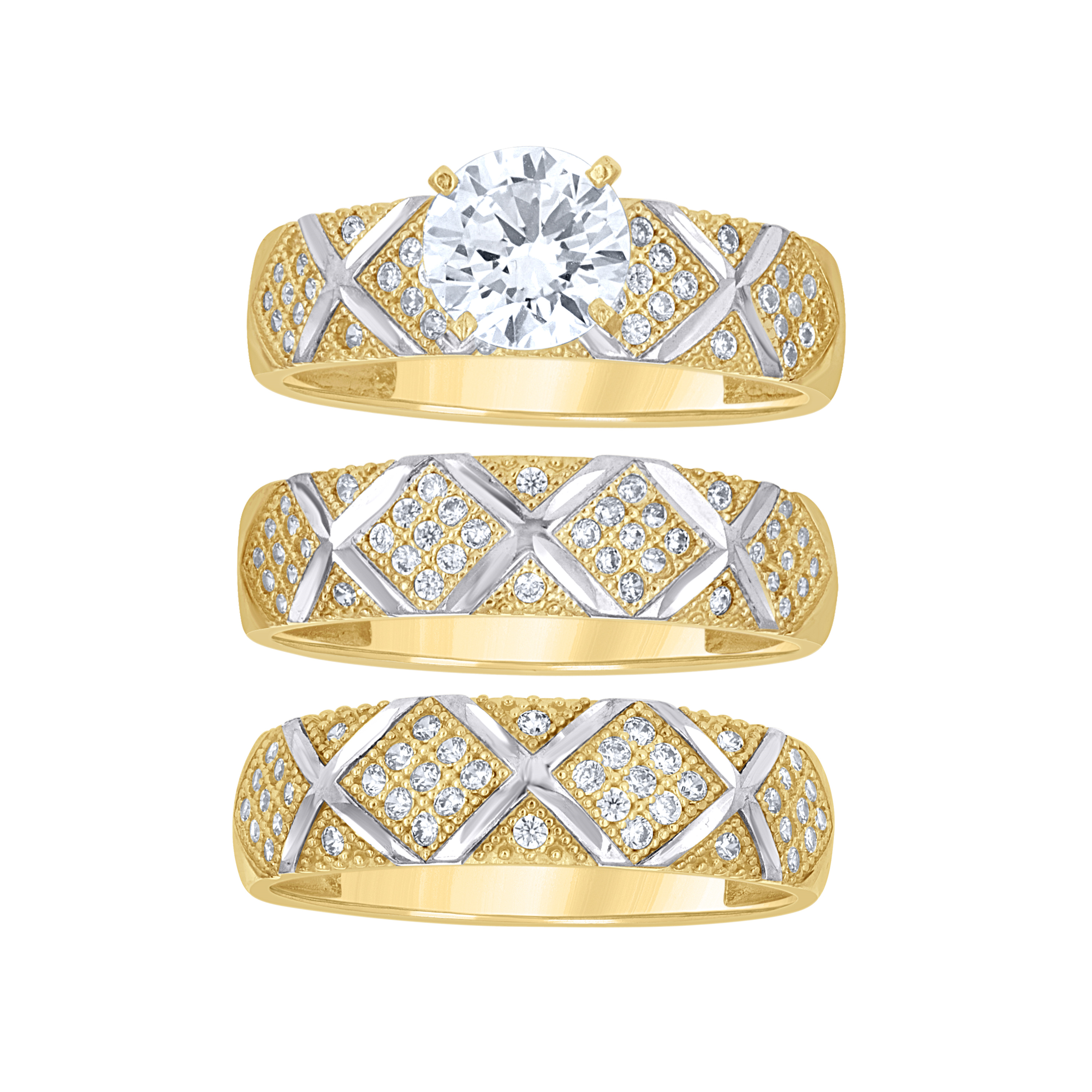10kt Yellow-Color Gold Wedding Cubic-Zirconia Trio Ring His and Hers S