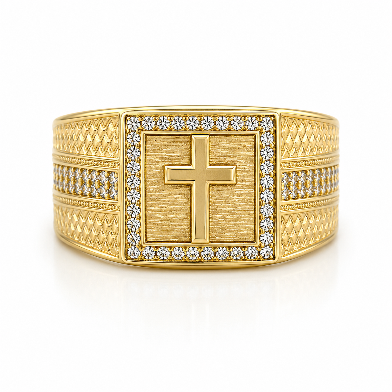 10KT Gold Cross Ring with CZ and Design on Sides