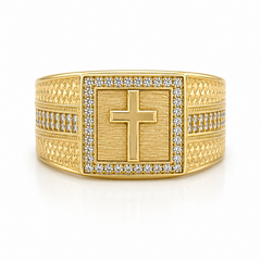10KT Gold Cross Ring with CZ and Design on Sides