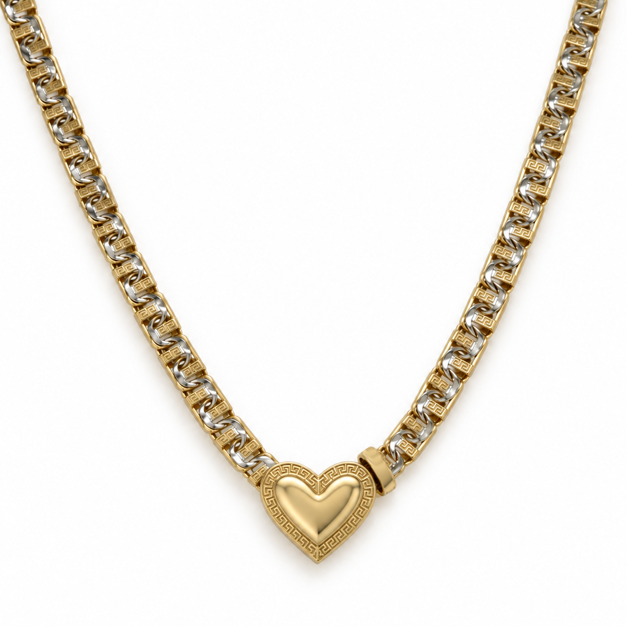 10KT Gold 4MM Chino Bar Heart Chain with Greek Bars, Diamond Cut Links