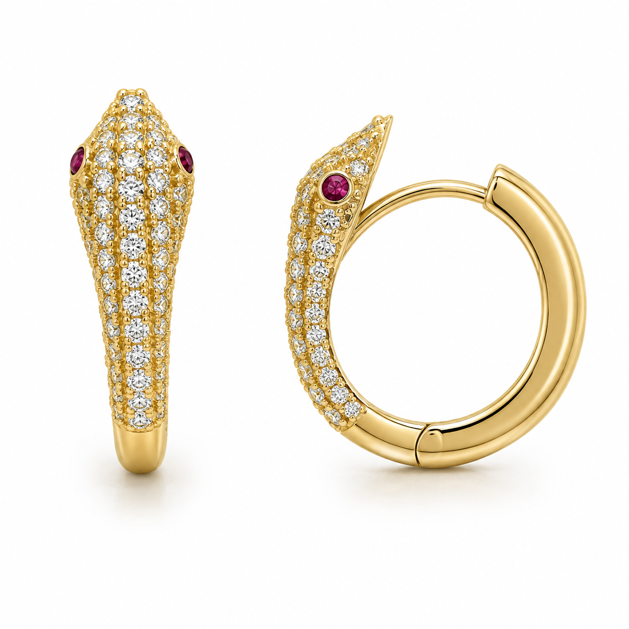 10KT Gold Snake Earrings with Red Eyes Huggies