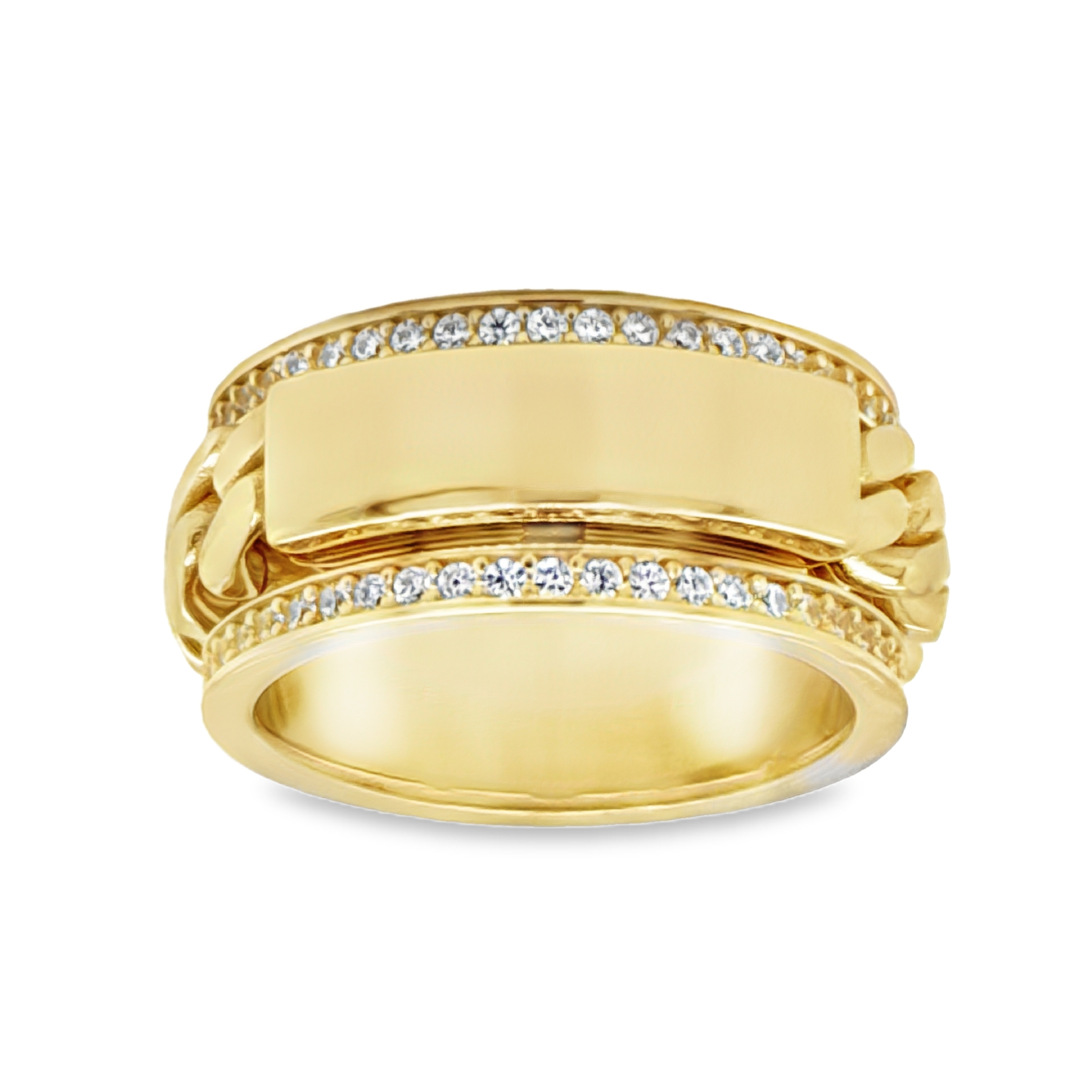 10KT Yellow Gold Miami Cuban Link Spinner Rotating Greek 10MM Band Rin