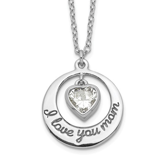 Sterling Silver Rhodium-plated I LOVE YOU MOM with CZ Heart Dangle