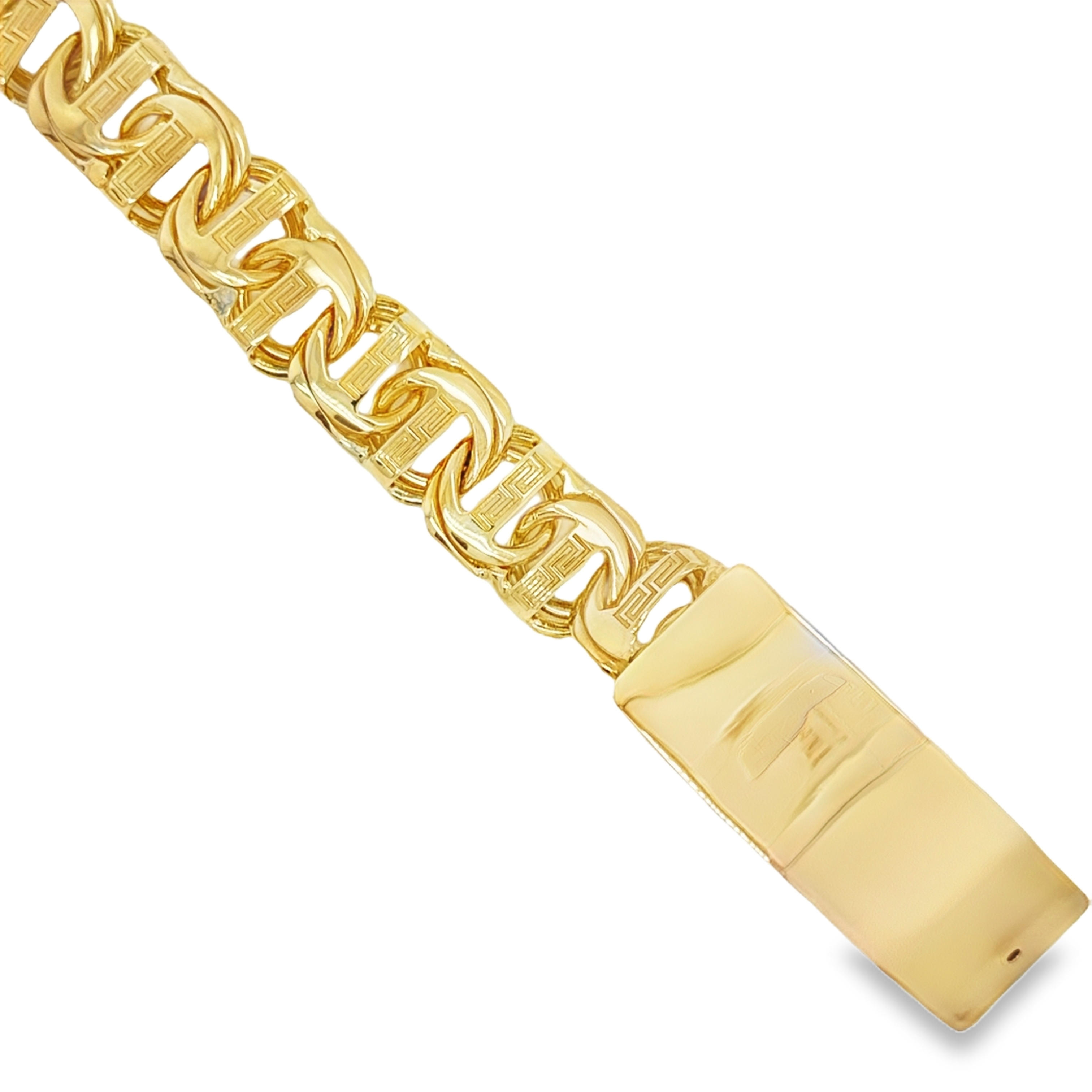 10KT Gold 16MM Solid Chino Bar Link with Greek Design ID Bracelet 7.5"