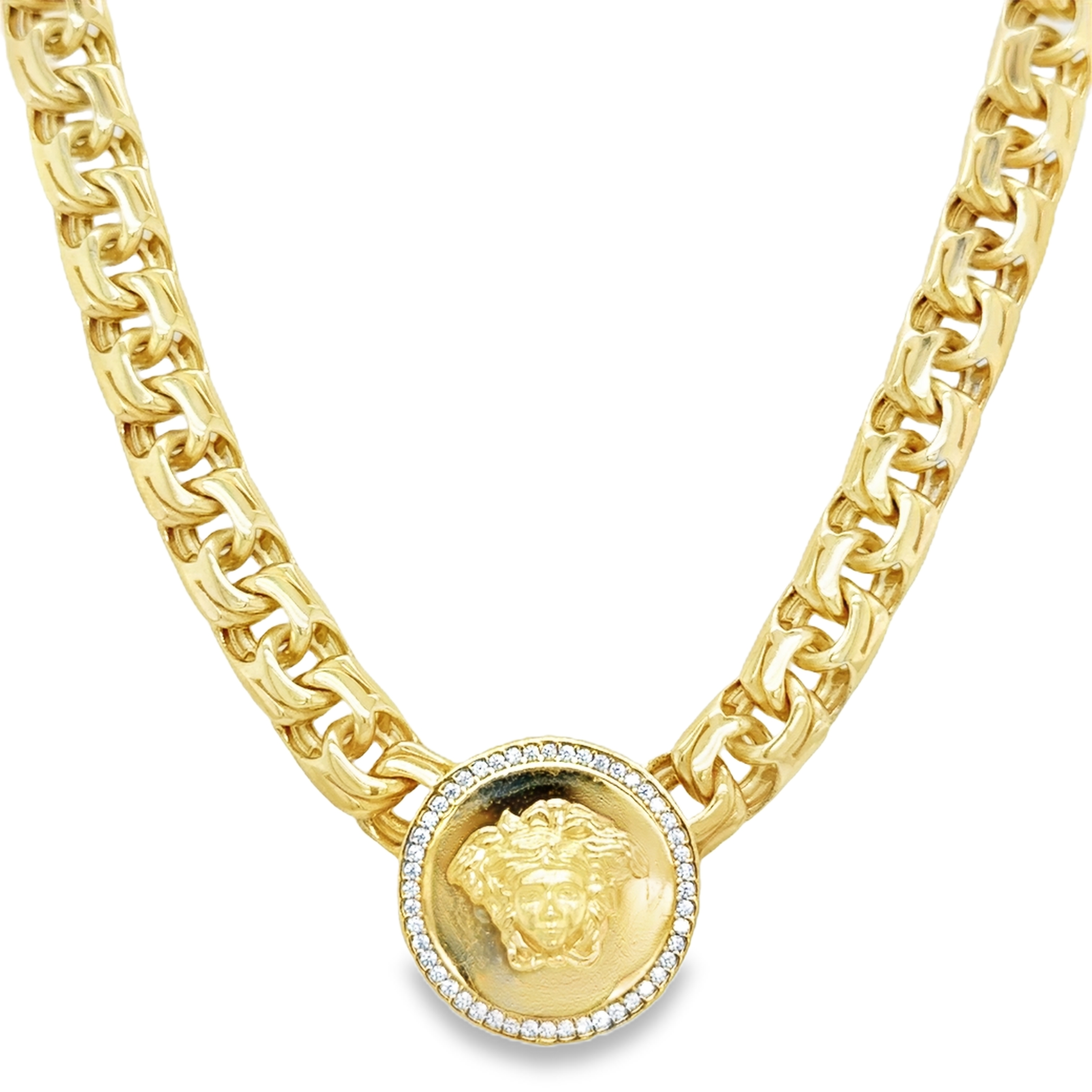 10KT Yellow Gold 8MM Monaco Chino Link Chain 18 inches with Medusa Pen
