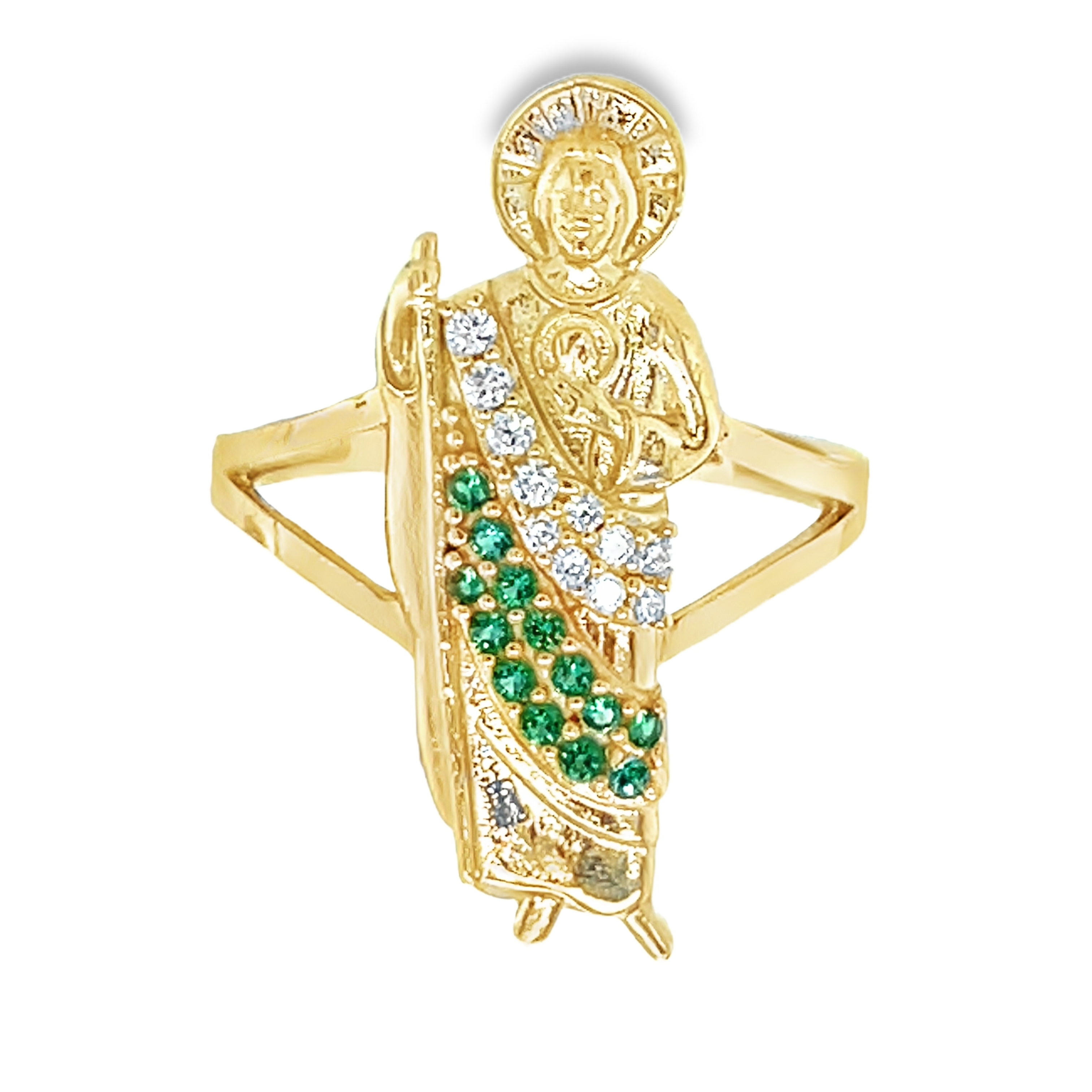 10KT Gold St. Jude San Judas Ring with Green and White CZ