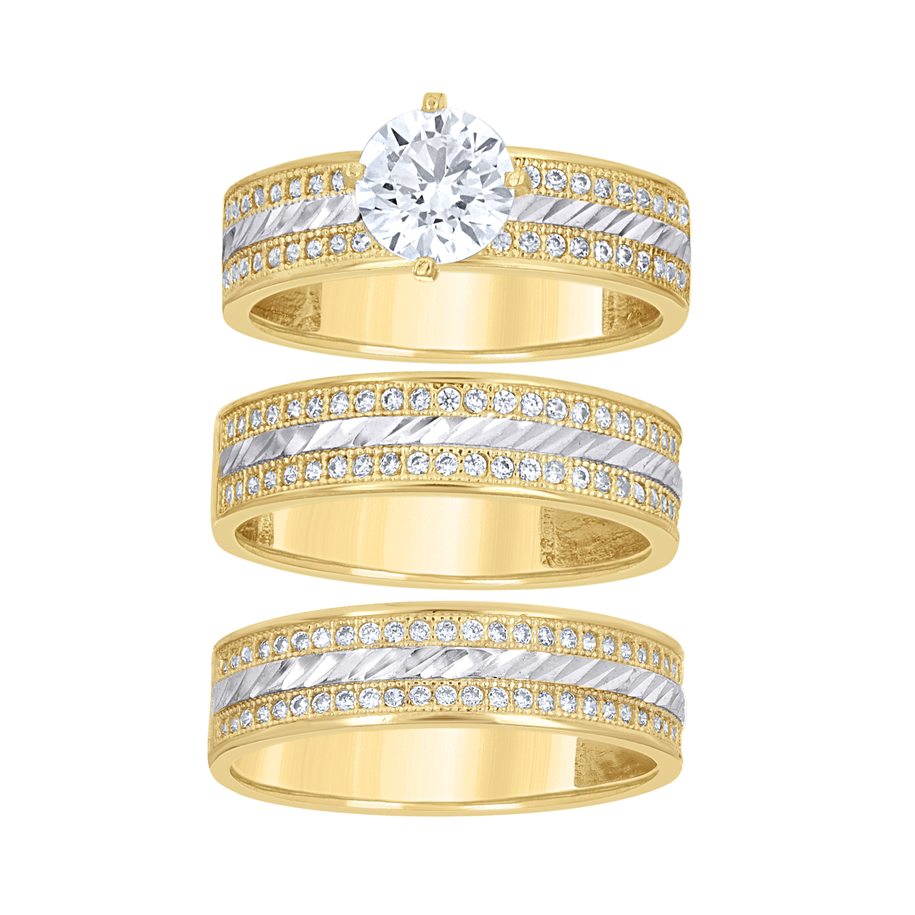 10kt Yellow-Color Gold Wedding Cubic-Zirconia Trio Ring His and Hers S