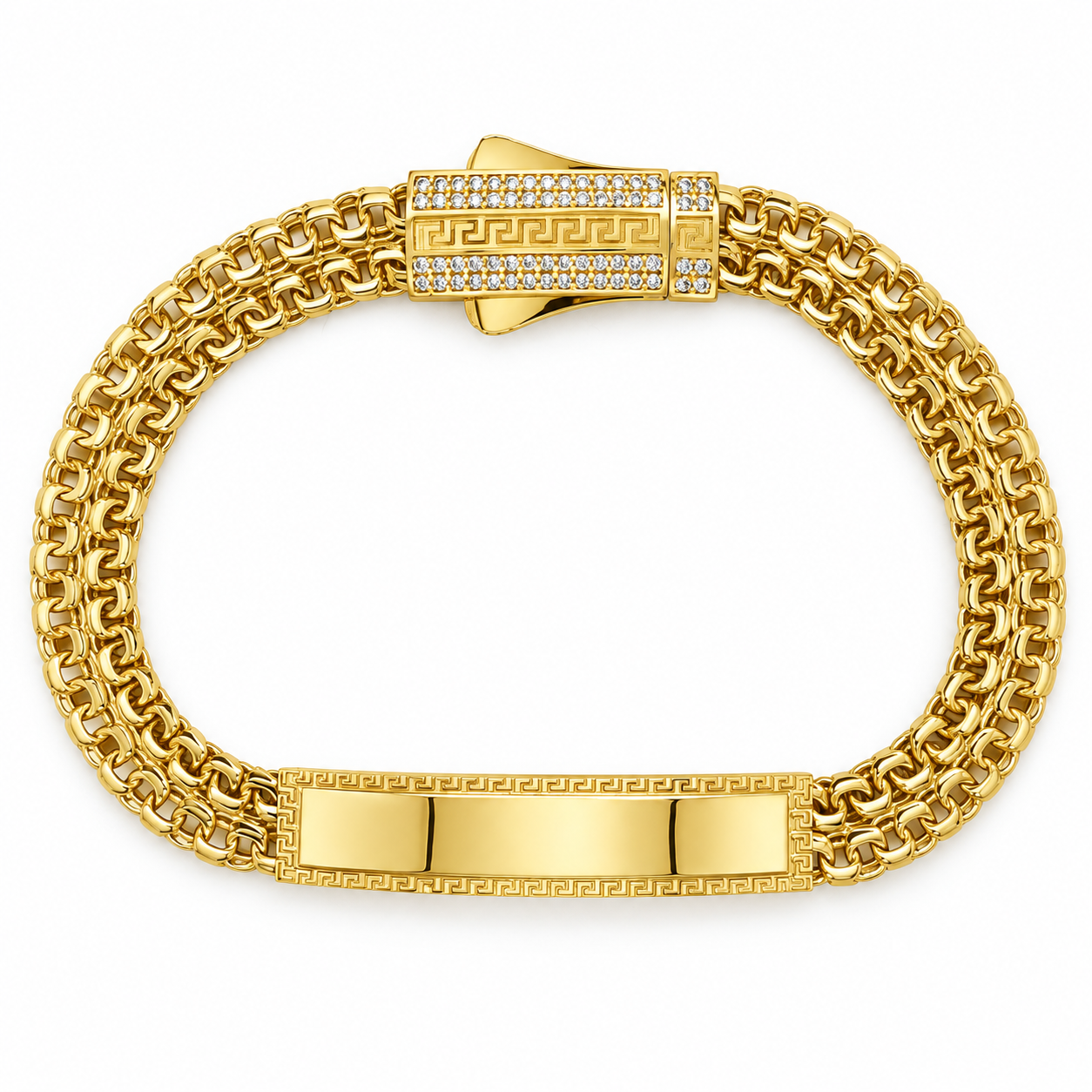10KT Gold 7MM Double Chino Petatillo Monaco ID Bracelet with Greek Bor
