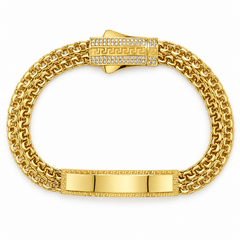 10KT Gold 7MM Double Chino Petatillo Monaco ID Bracelet with Greek Bor
