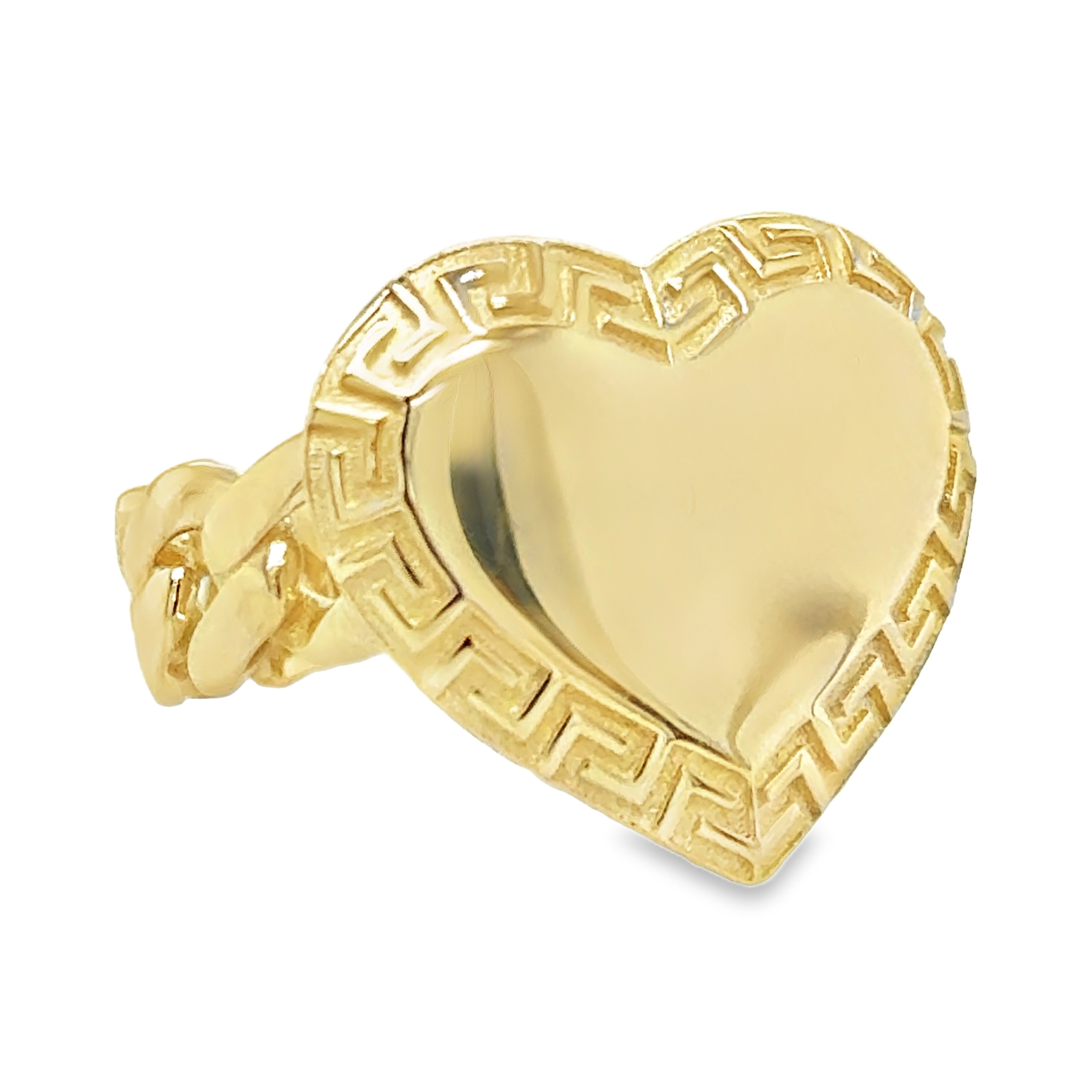 10KT Gold Miami Cuban Link Large Heart Ring with Greek Border Size 7 FREE ENGRAVING