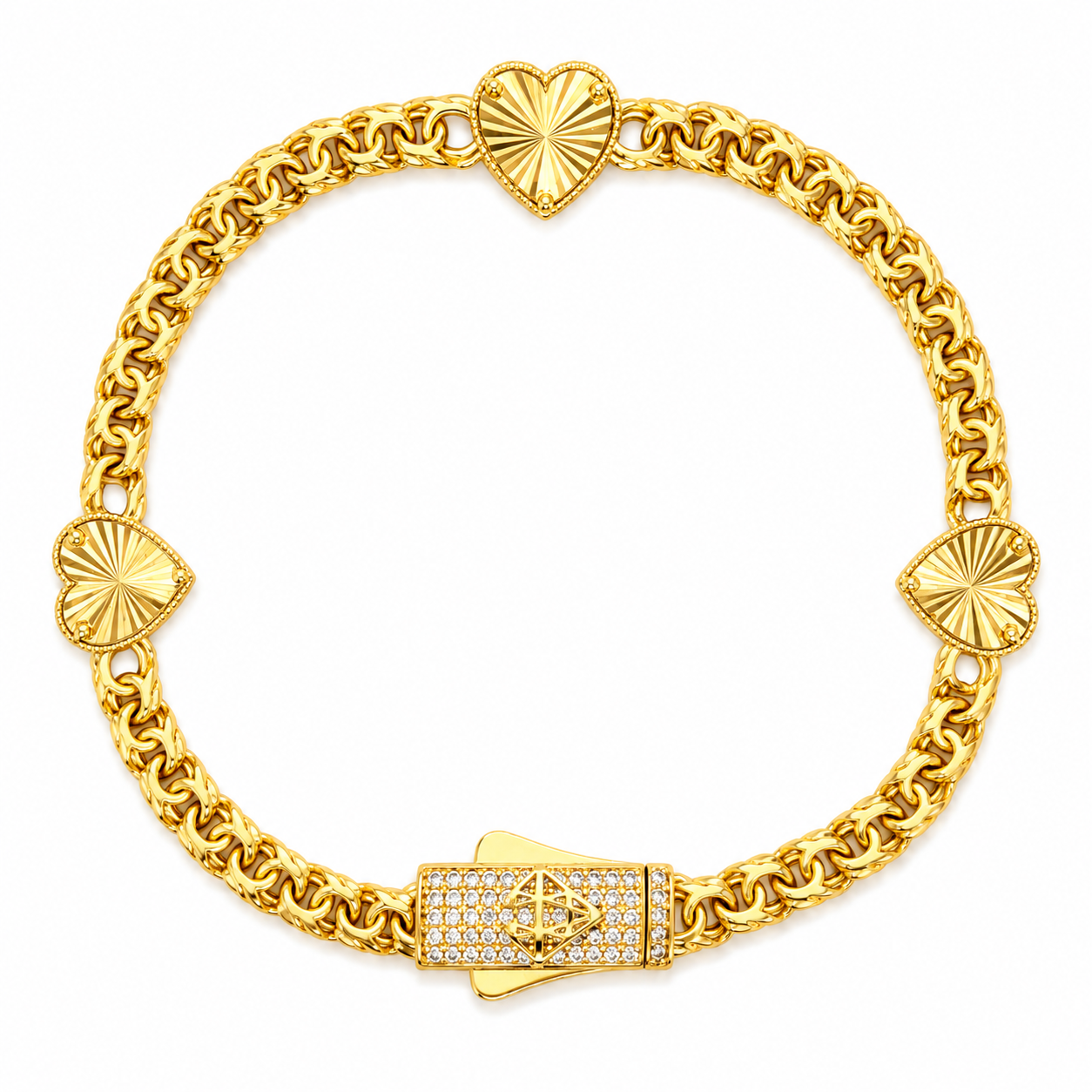 10KT Gold 5MM Chino Link Monaco Bracelet with Three Diamond Cut Hearts